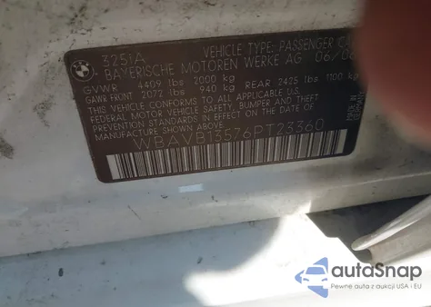 2006 BMW 325I z USA, uszkodzony, nr VIN WBAVB13576PT23360